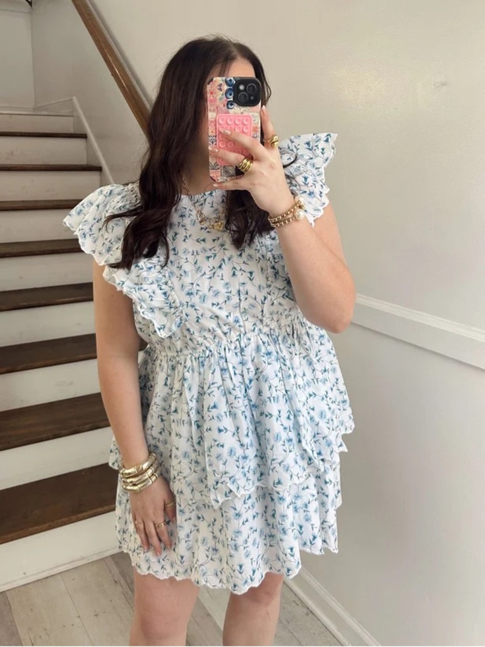 Simply Southern Blue & White Floral Tier Dress with Ruffle Cap Sleeves